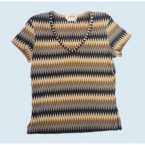Vintage A. BYER California Zig Zag V Neck Short Sleeve Top Shirt Blouse Sz S - Picture 2 of 6